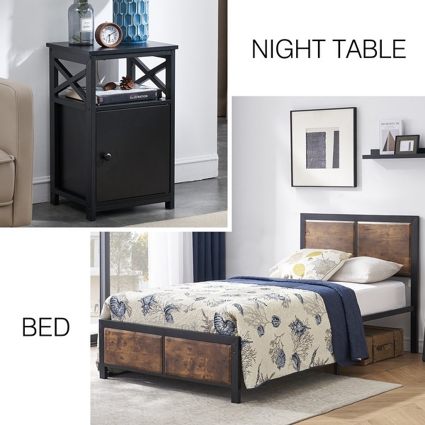 Taomika Industrial 3-pieces Bed with Wood Headboard and Nightstand Set - - 35162744