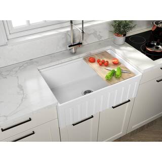 Empire Industries Yorkshire Farmhouse Fireclay 33 in. Single Bowl Kitchen Sink with Cutting-Board Grid and Strainer in White YO33S