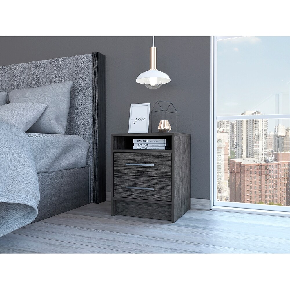 Wooden Nightstand with Two Drawers and Metal Handles