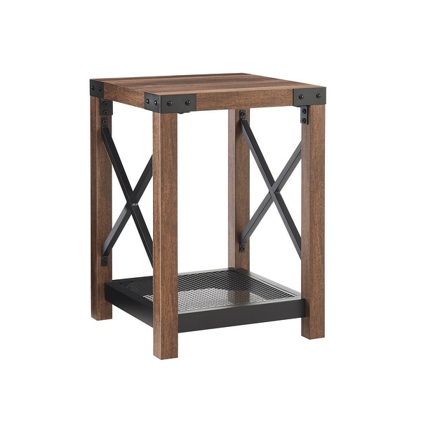 Farmhouse Wood Side Table with Mesh Shelf， 2-Tier End Table， X-Design