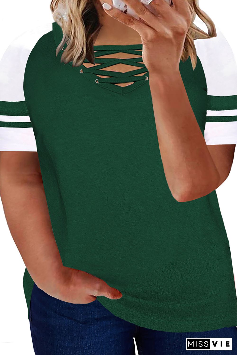 Green Crisscross V Neck Raglan Sleeve Plus Size Tee