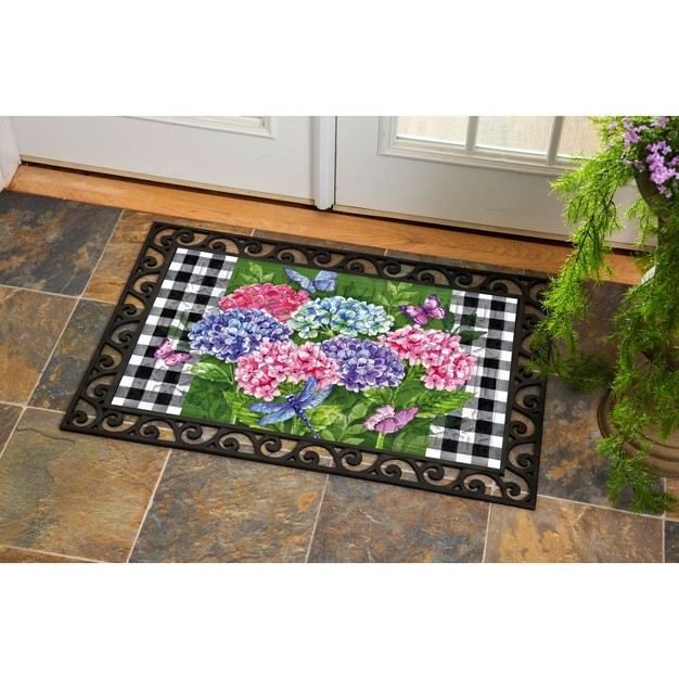 Evergreen Hydrangea Checks Embossed Indoor Outdoor Doormat 18 X 30 Green