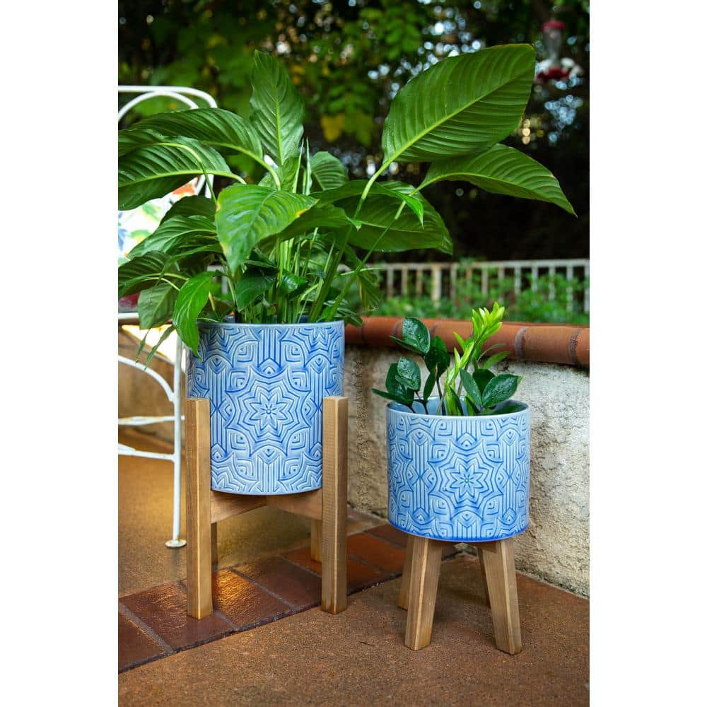 Flora Bunda 10 in. x 8 in. Star Ceramic Planter on Wood Stand， (Set of 2) CT1385E2-GSBL