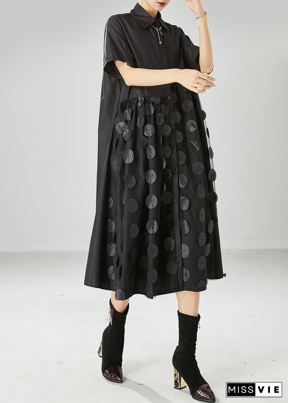 Bohemian Black Peter Pan Collar Tulle Patchwork Cotton Maxi Dresses Summer