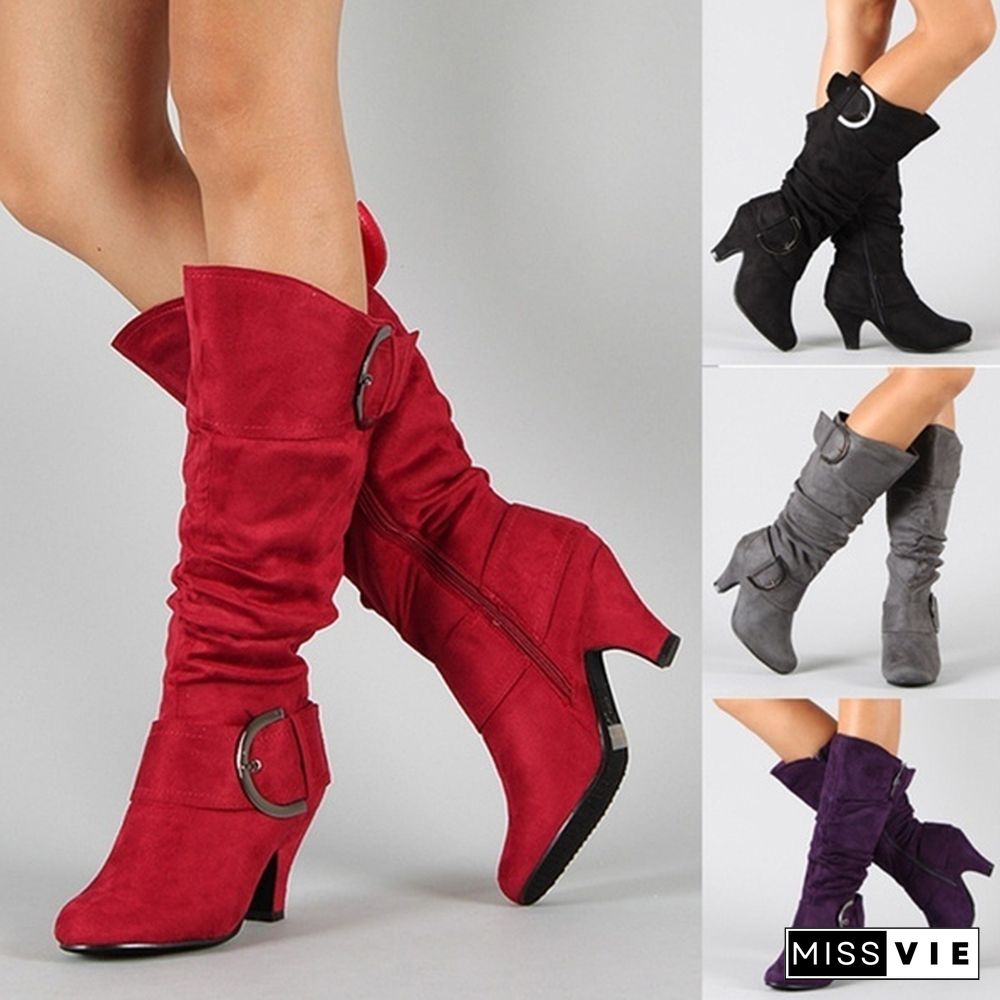 Winter Shoes Fashion Women Short Heel Solid Color Long Boots Pointed Toe Knee High Ladies Boots Outdoor Non-Slip Booties