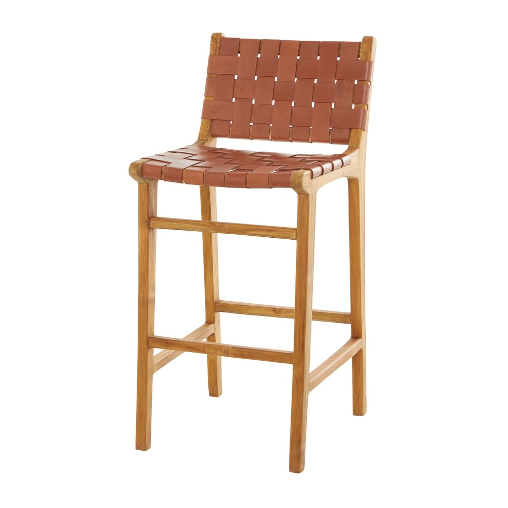 Camel Brown or Black Teak Wood Woven Leather Seat and Back Bar Stool with Beam Footrest   18 x 18 x 40