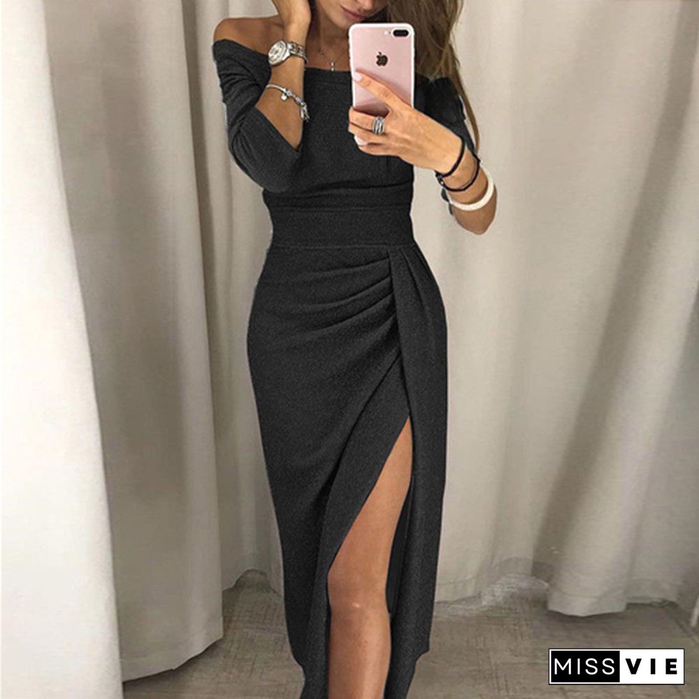 Formal Dress Women Elegant Long Sleeve Evening Party Dress New Solid Off Shoulder Women Dresses Sexy Club Dresses Roupa Feminina