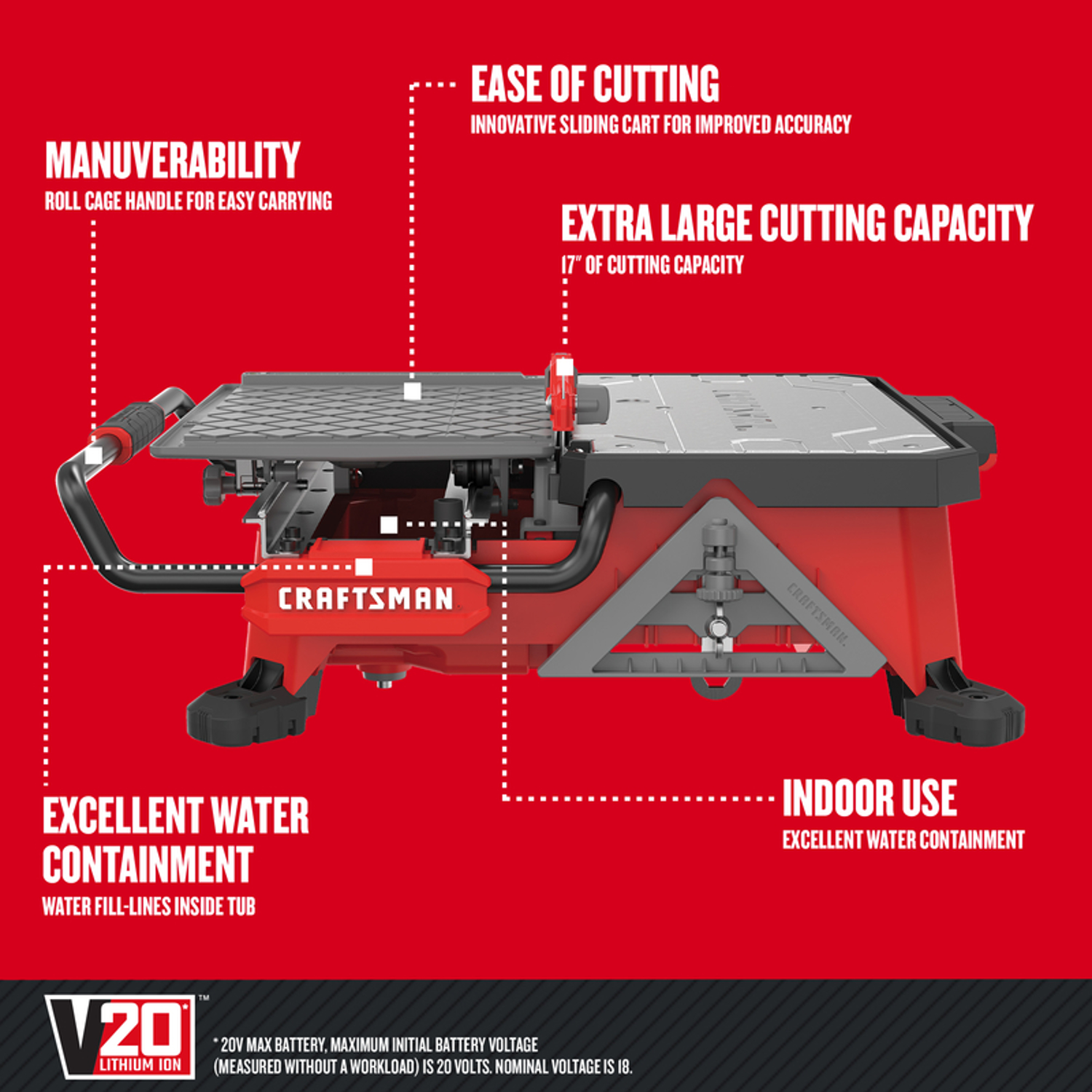 Craftsman V20 Cordless 7 in. Wet Tile Saw Kit (Battery \u0026 Charger)