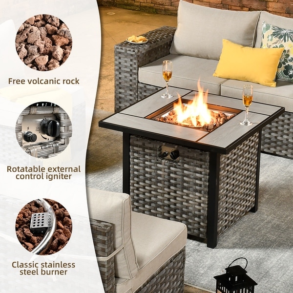 OVIOS Patio Wicker Furniture Wide Arm 7piece Fire Pit Set with Table