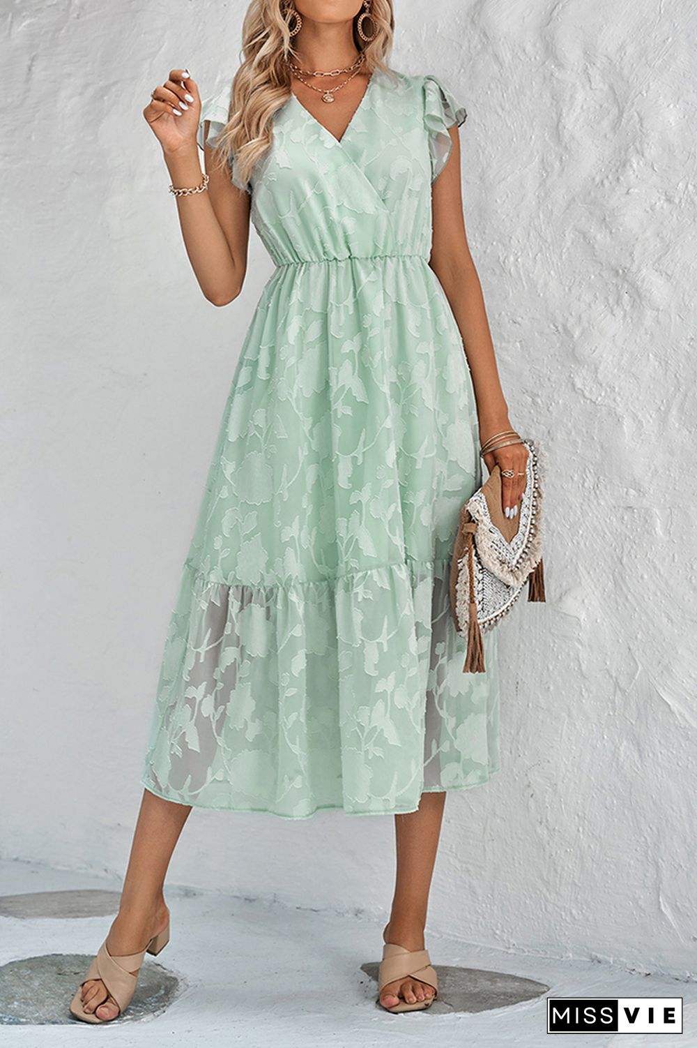 Plain Texture Floral V Neck Ruffles Maxi Dress