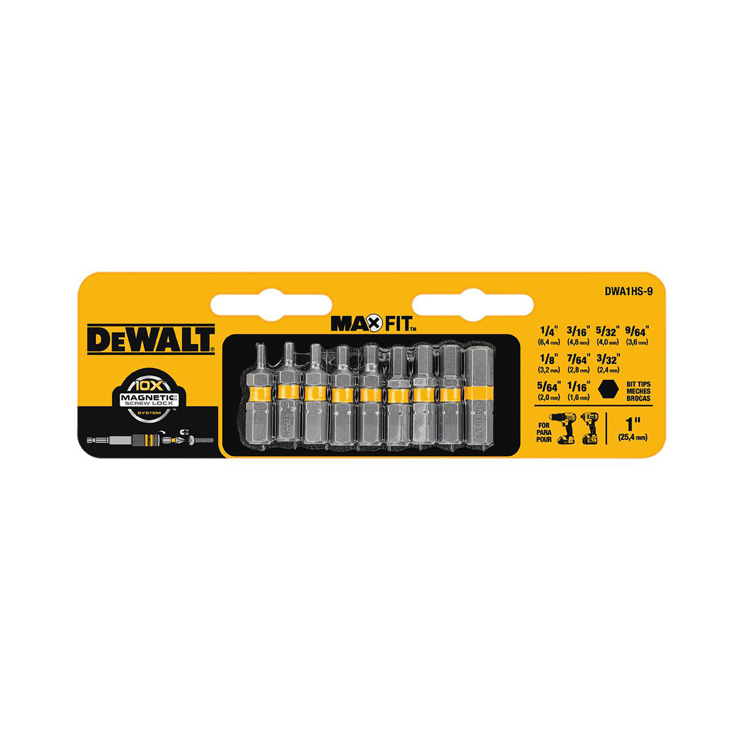 DW Max Fit Hex 1 in. L Insert Bit Set S2 Tool Steel 9 pc