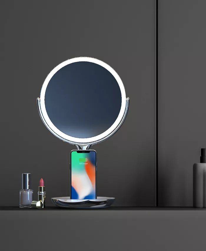 Sharper Image SpaStudio Vanity 8-inch Mirror with Built-In Qi Wireless Phone Charger  5X and 10X Magnification