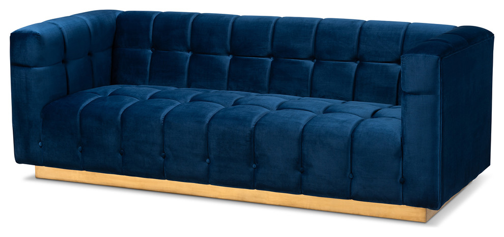 Joetta Glam and Luxe Navy Blue Velvet Fabric Upholstered Brushed Gold Sofa   Contemporary   Sofas   by Baxton Studio  Houzz