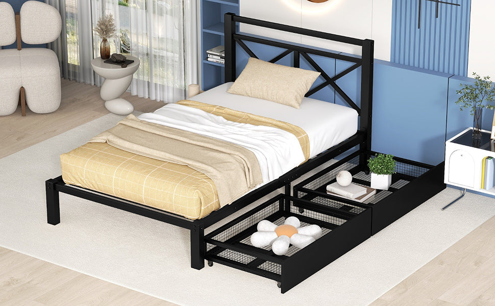 Metal Twin Size Platform Bed with Two Drawers for Kids Room, Black