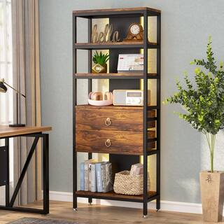 TRIBESIGNS WAY TO ORIGIN Kaduna 27.56 in. Wide Rustic Brown Wood 5-Shelf Free Standing Bookcase with Adjustable LED Light and 2-Drawers ZY-XK22098