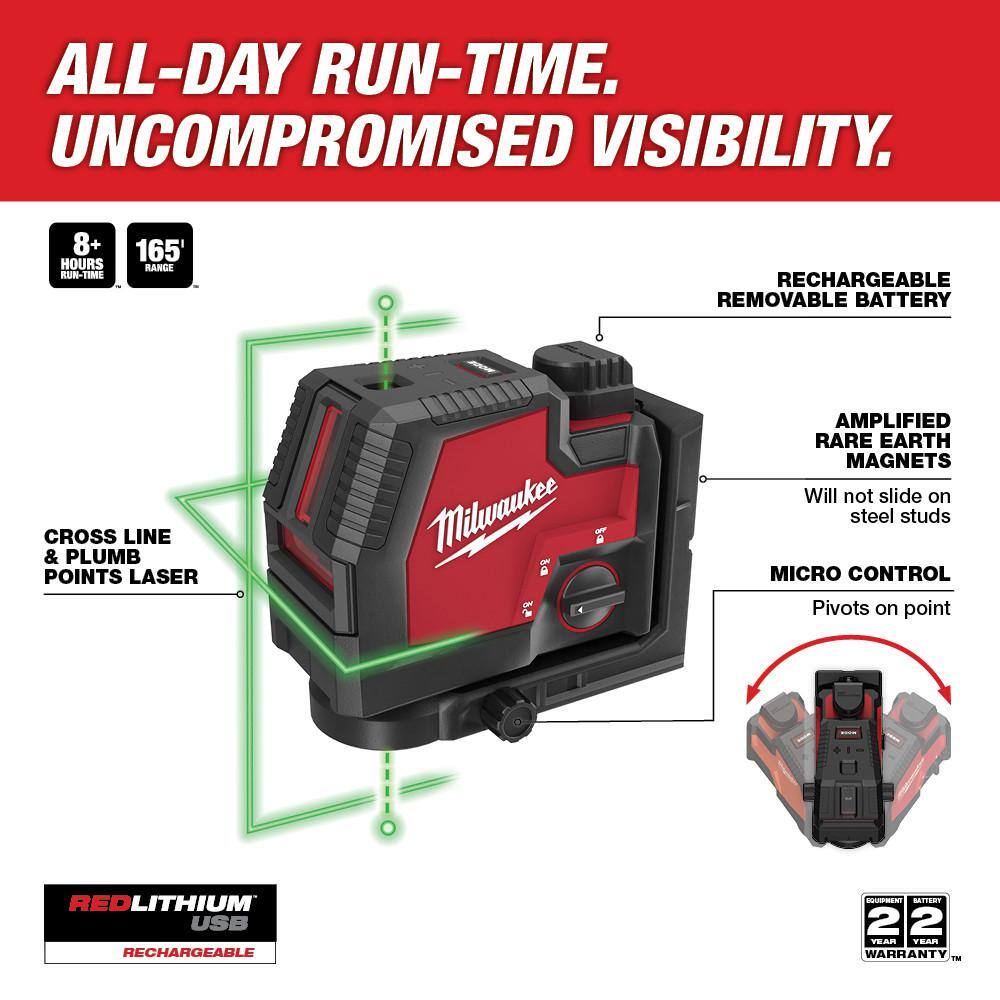 MW Green 100 ft. Cross Line and Plumb Points Rechargeable Laser Level with USB Lithium-Ion Battery Charger and Track Clip 3522-21-48-35-1313