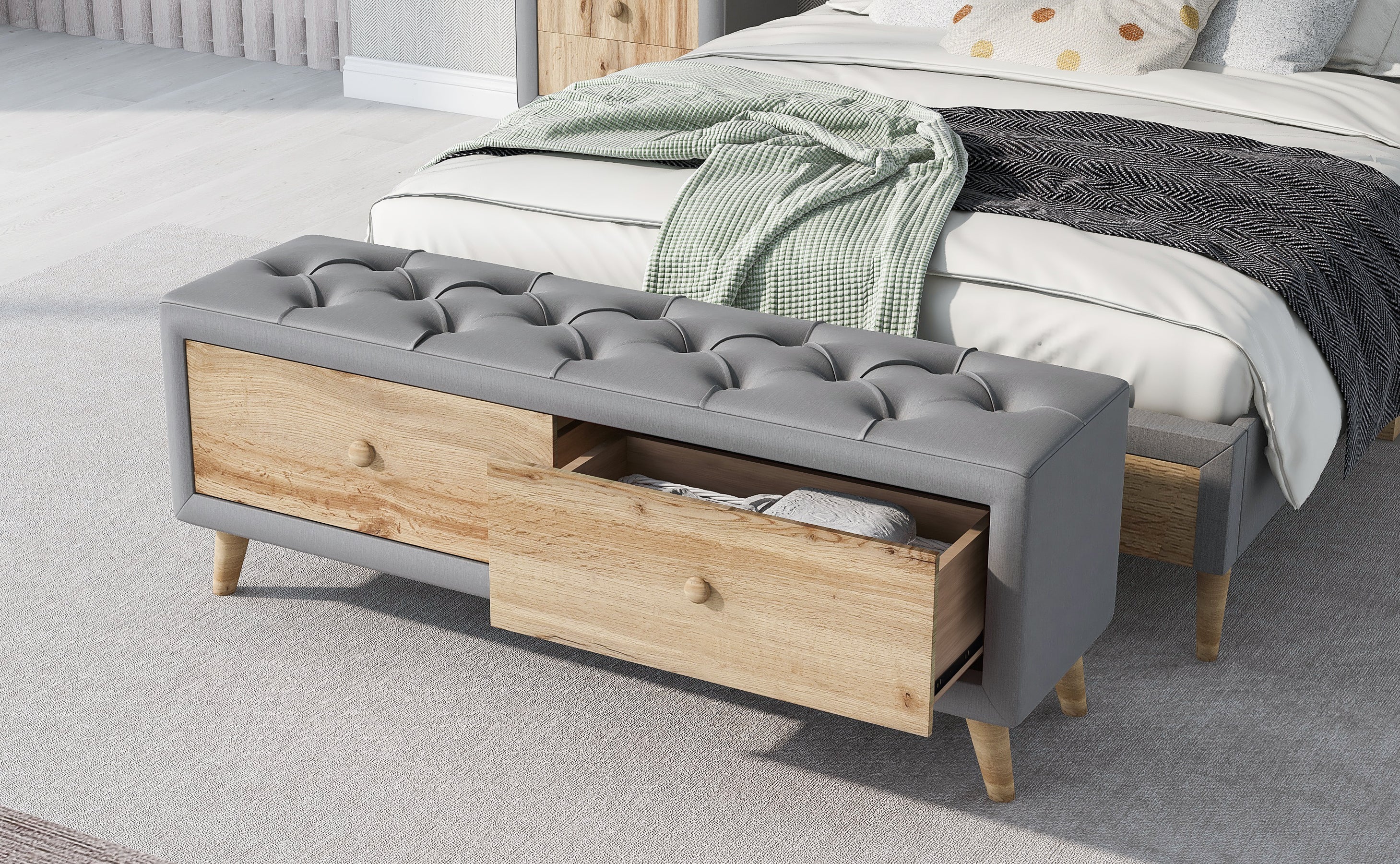 Upholstered Wooden Storage Bench with 2 Drawers For Bedroom,Fully Assembled Except Legs and Handles,Padded Seat with Rubber Wood Leg-Gray