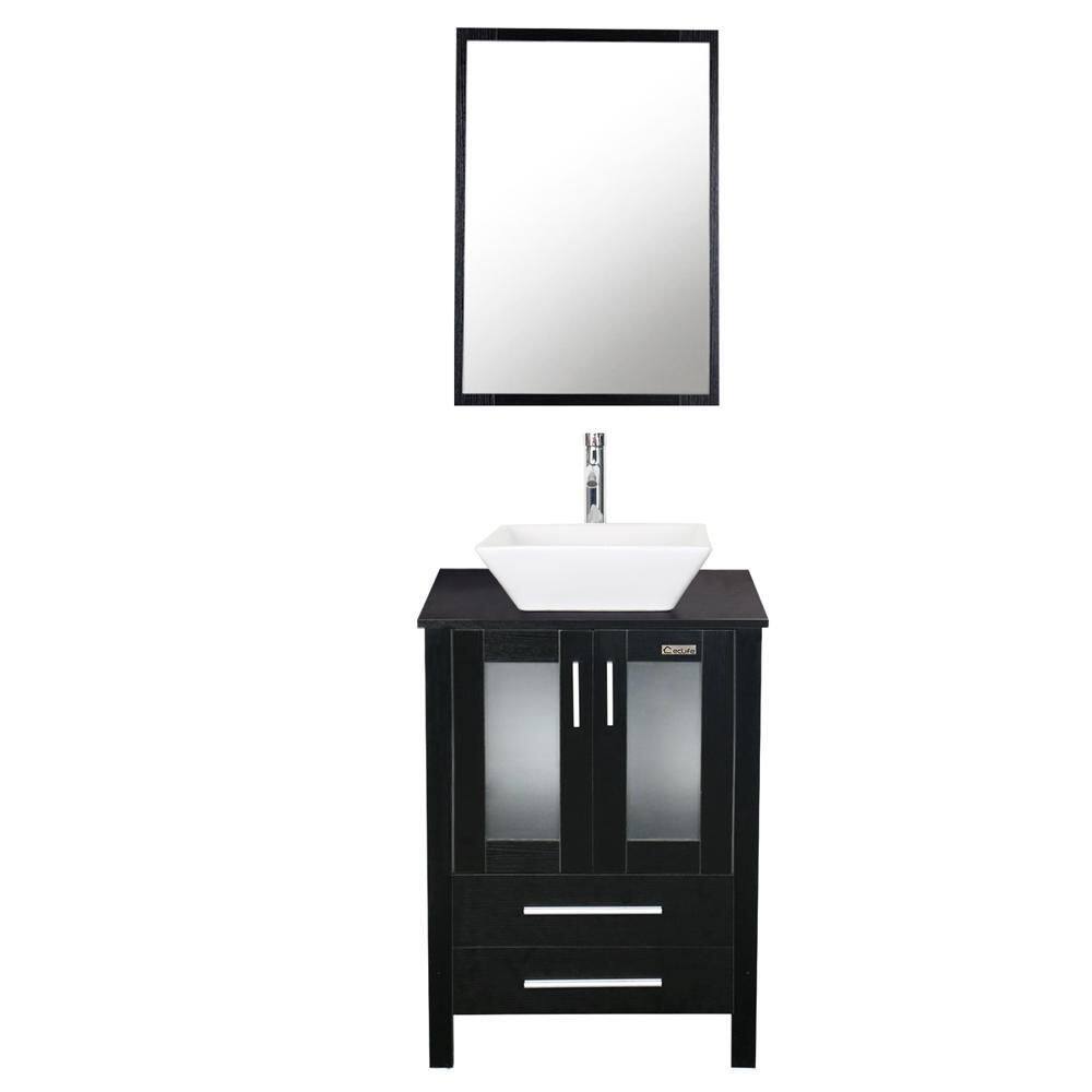 eclife 24 in. W x 20 in. D x 32 in. H Single Sink Bath Vanity in Black with Ceramic Vessel Sink Top Chrome Faucet and Mirror BV102BK+VS007WH