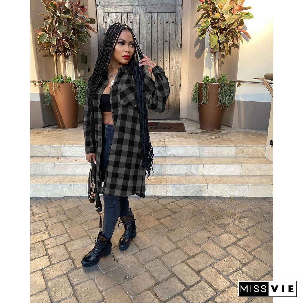 Plaid Print Long Sleeve Shirt Midi Dress