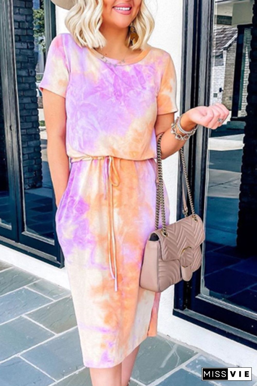 Casual Patchwork Tie-dye O Neck Waist Skirt Dresses