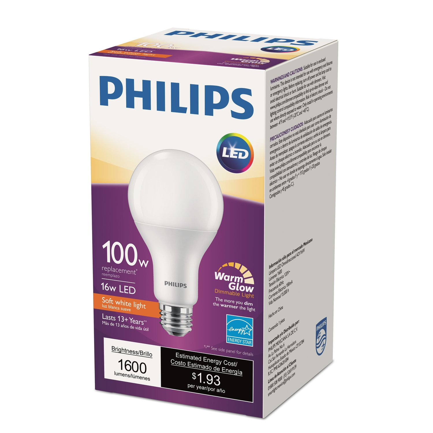 Philips A19 E26 (Medium) LED Bulb Soft White 100 Watt Equivalence 1 pk