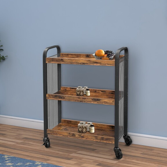 3 Tier Wood and Metal Kitchen Cart with Mesh Side ...