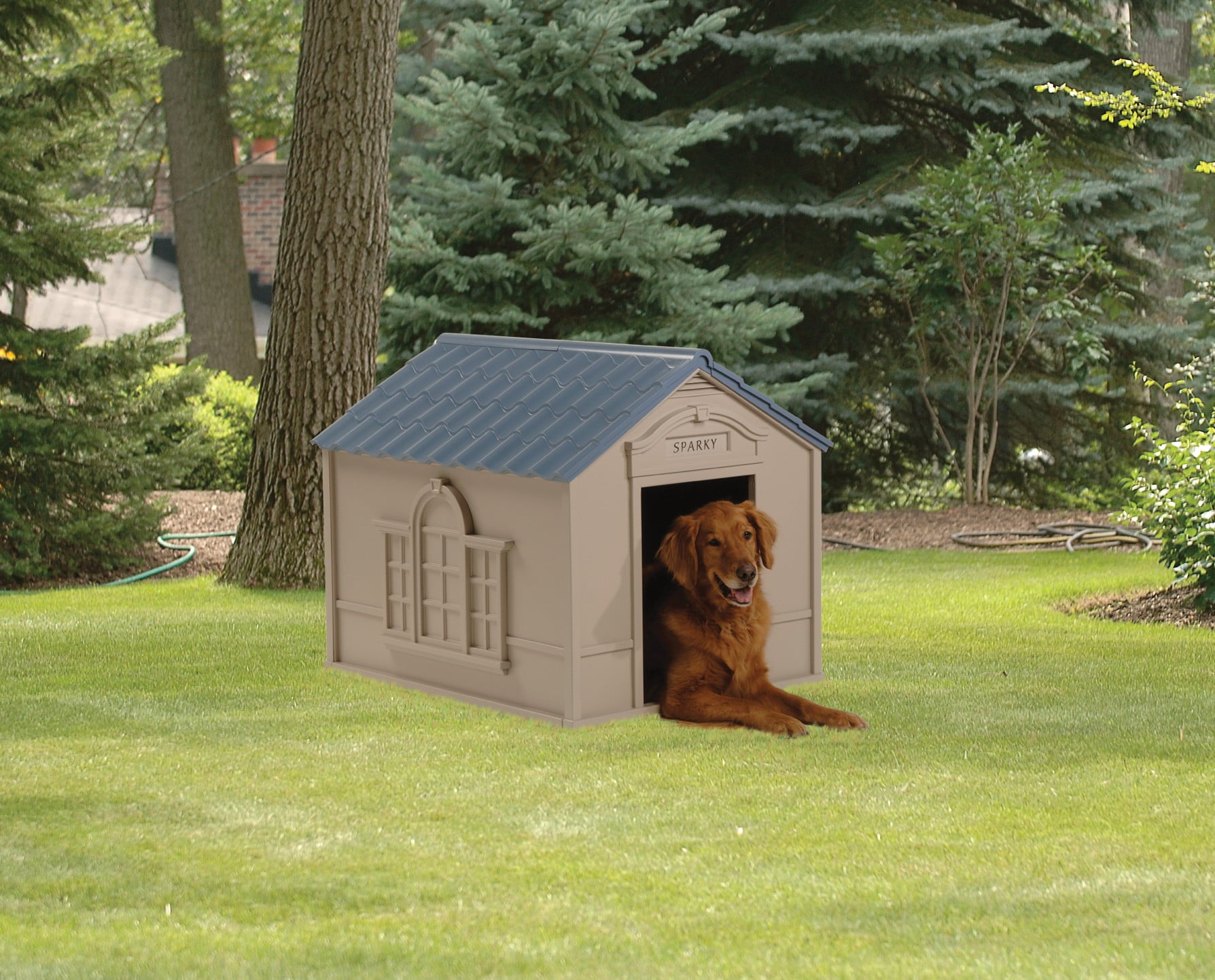 Suncast Deluxe Indoor and Outdoor Dog House for Medium/Large Breeds， Tan/Blue