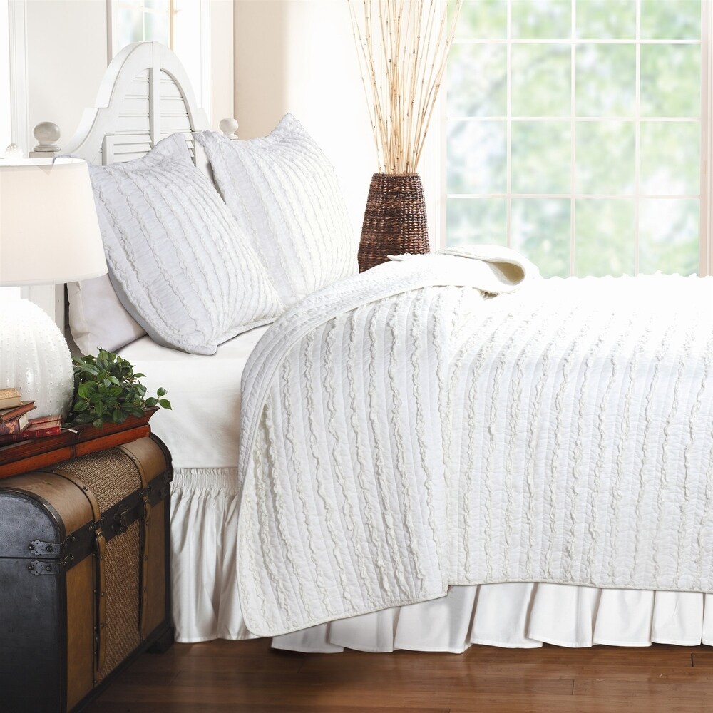 Twin / King Oversized 3 Piece Quilt Set White 100% Cotton Ruffles Pre Washed