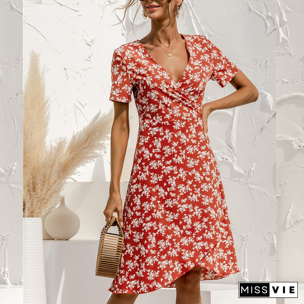 Short Sleeve Women Summer Beach Midi Dress V-neck Lace-up Flower Dress New Sexy High Waist Retro Mid-length Printed Dress