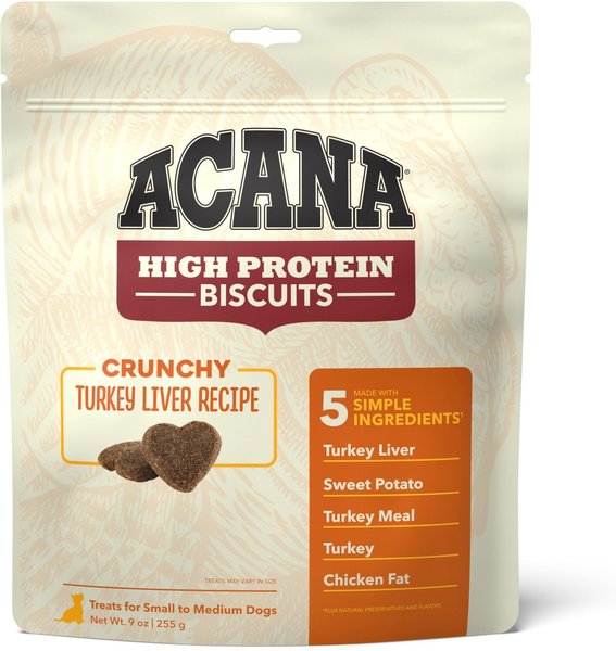 ACANA High-Protein Biscuits Grain-Free Turkey Liver Recipe Small/Med Breed Dog Treats， 9-oz bag