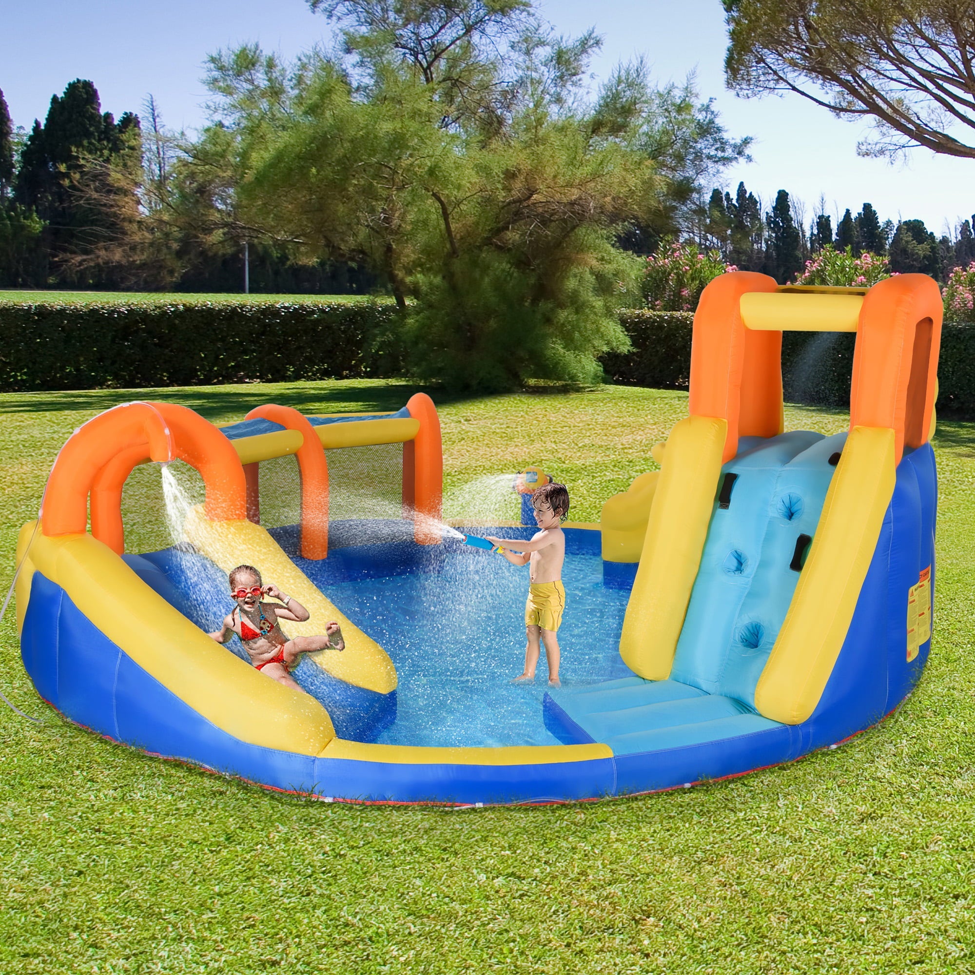 Outsunny 6-in-1 Inflatable Water Slide Kids Bounce House Jumping Castle Includes Slide Basket Pool Water Gun Climbing Wall Tunnel with Carry Bag, Repair Patches and 750W Air Blower