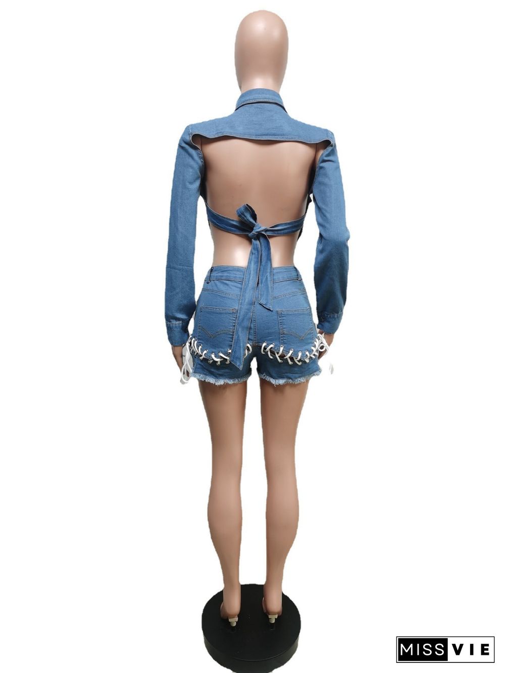 New Casual Open-back Corn-eye Denim Shorts Suit