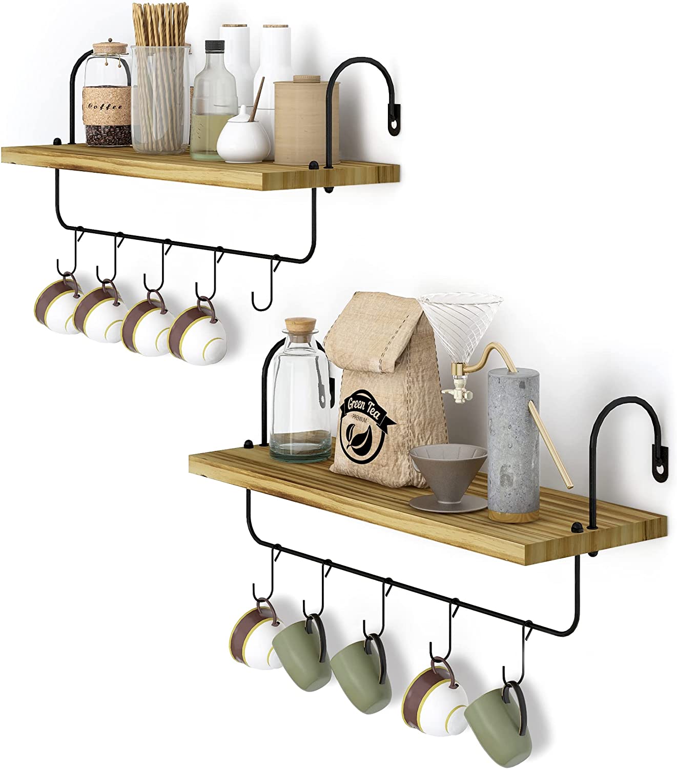 Afuly Floating Shelves with Hooks, Set of 2 Rustic Wall Mounted Wooden Decorative Storage Shelves with Towel Rack for Coffee Bar, Kitchen, Living Room