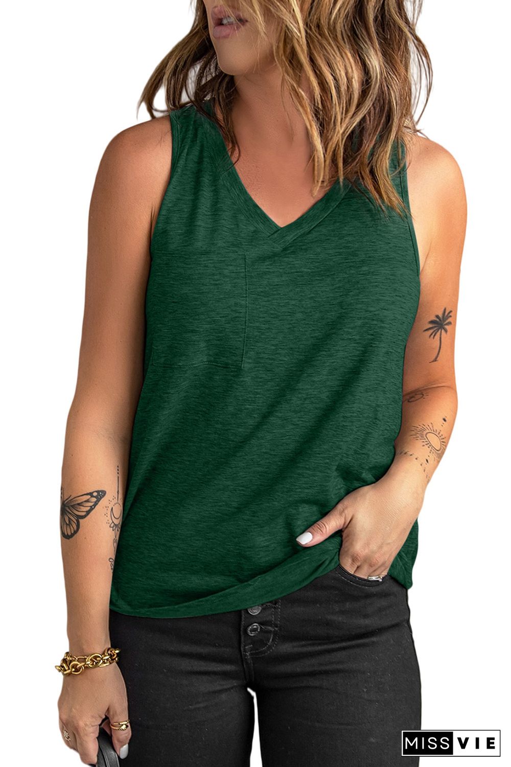 Green V Neck Racerback Tank Top with Pocket