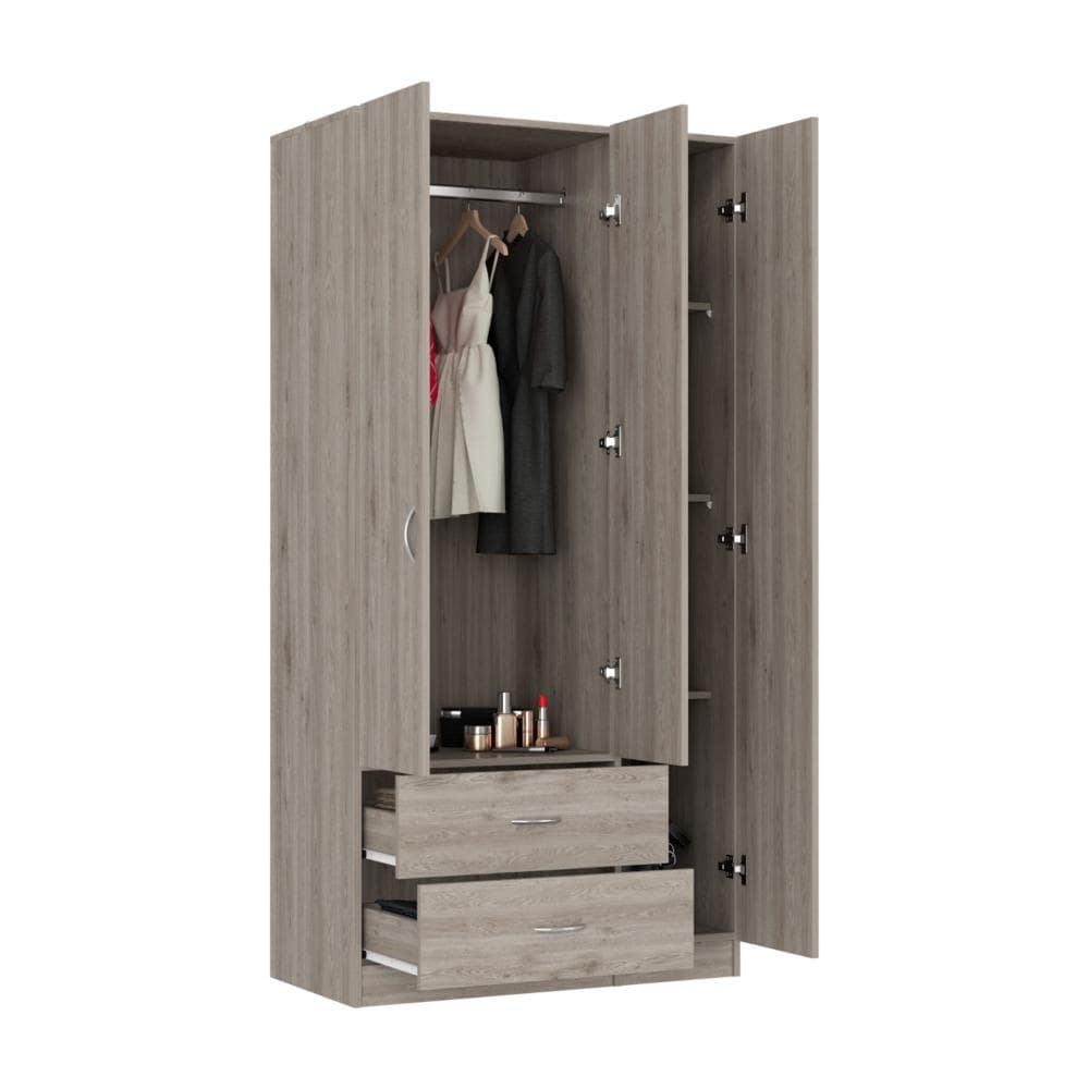 Bedroom 3 Door Armoire with Drawers   Shelves and Hanging Rod  Gray