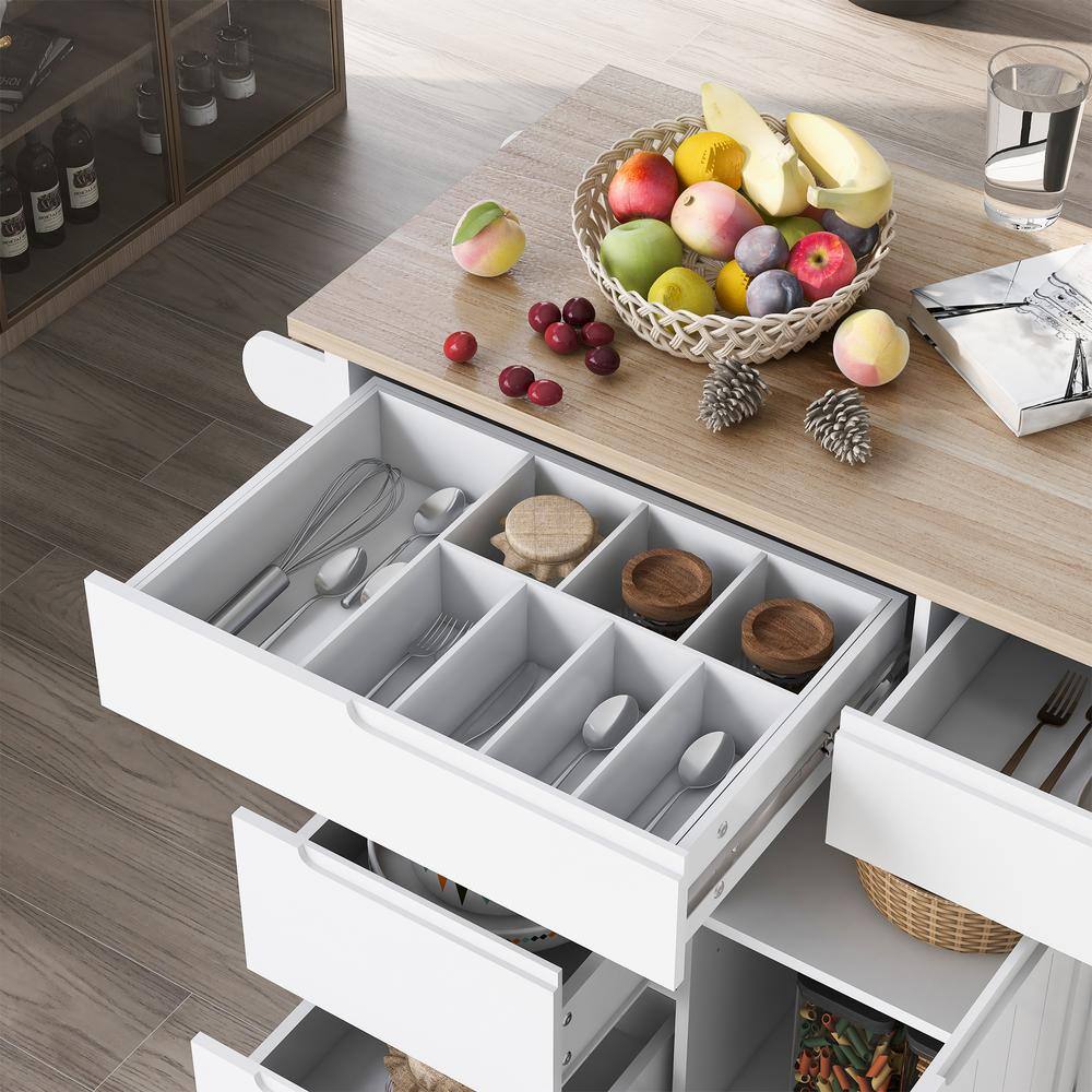 White Rubber Wood Countertop 53.1 in. W Kitchen Island on 5-Wheels with 8-Handle-Free Drawers and Flatware Organizer EC-SK000002AAW