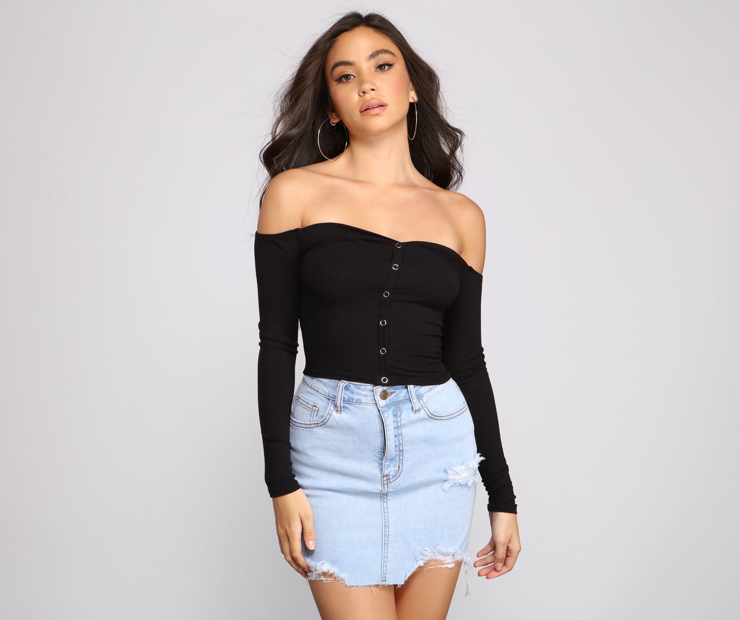 Off The Shoulder Ribbed Henley Top