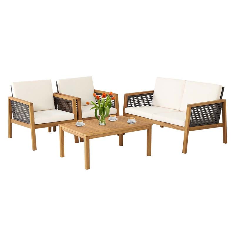 4 Pcs Outdoor Acacia Wood Furniture Set Rattan Patio Conversation Sofa Set with Coffee Table & Soft Cushions