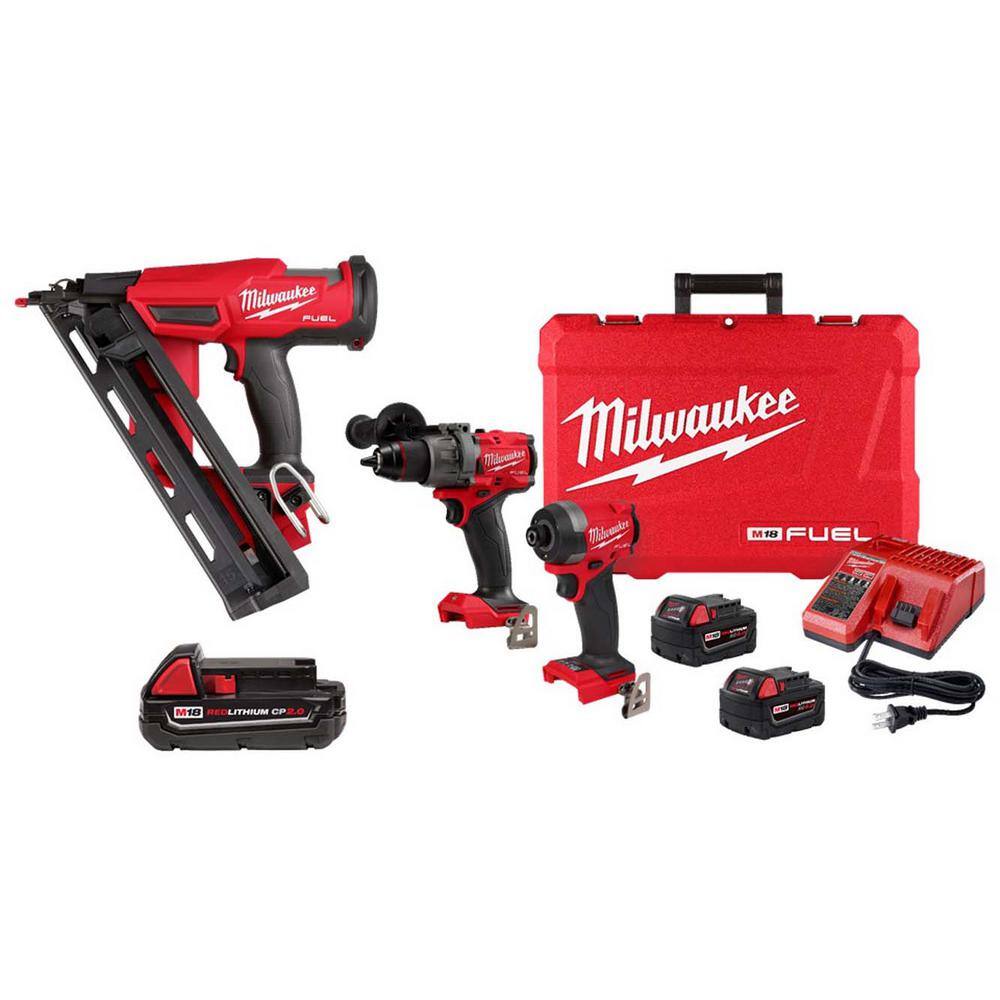 MW M18 18V Brushless Cordless 15-Gauge Finish Nailer  Hammer DrillImpact Driver Combo Kit w (3) Batteries  Charger 2839-20-48-11-1820-3697