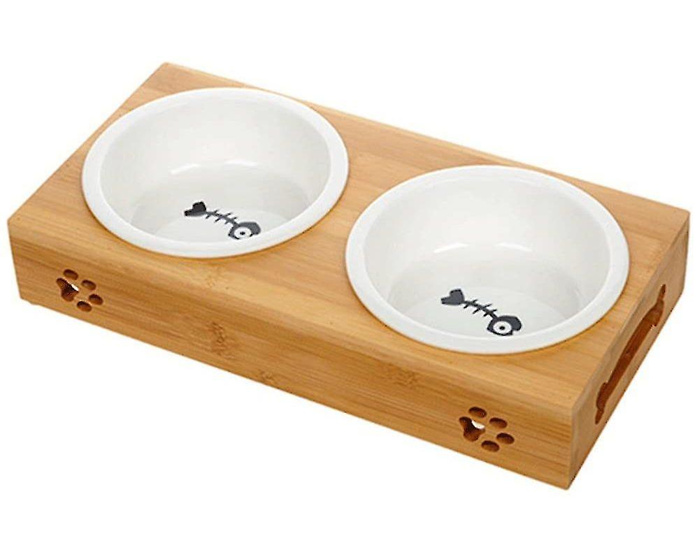 Ceramic Cat Bowls Set With Bamboo D