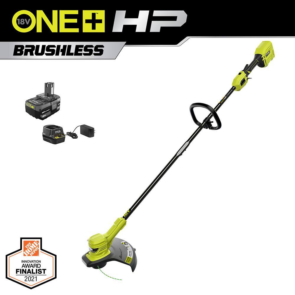 RYOBI ONE+ HP 18V Brushless 13 in. Cordless Battery String Trimmer with (2) 4.0 Ah Batteries and (2) Chargers P20120-BK