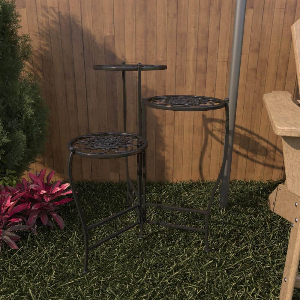 Litton Lane 18 in. Brown Metal Floral Indoor Outdoor 3 Tier Plantstand 41331