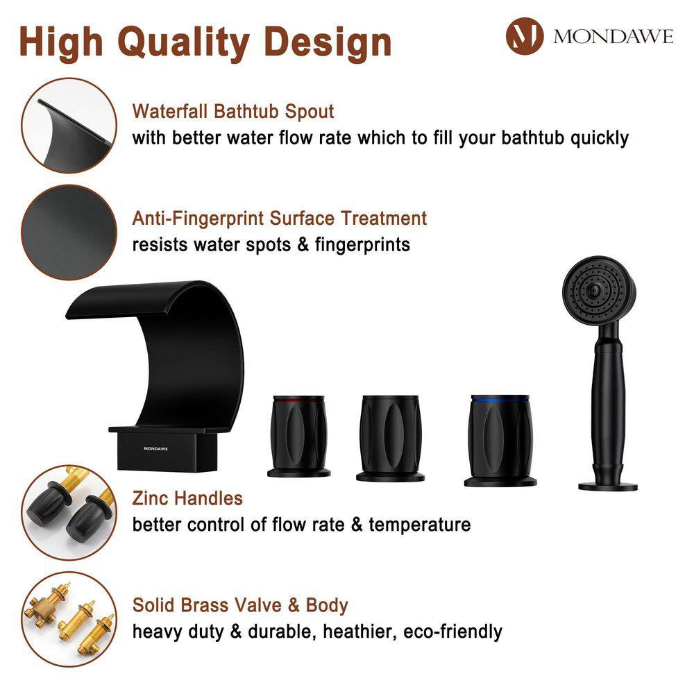 Mondawe Fabian 3-Handle Waterfall Wide-Spray High Pressure Tub and Shower Faucet in Matte Black With Valve WF-5934-BL