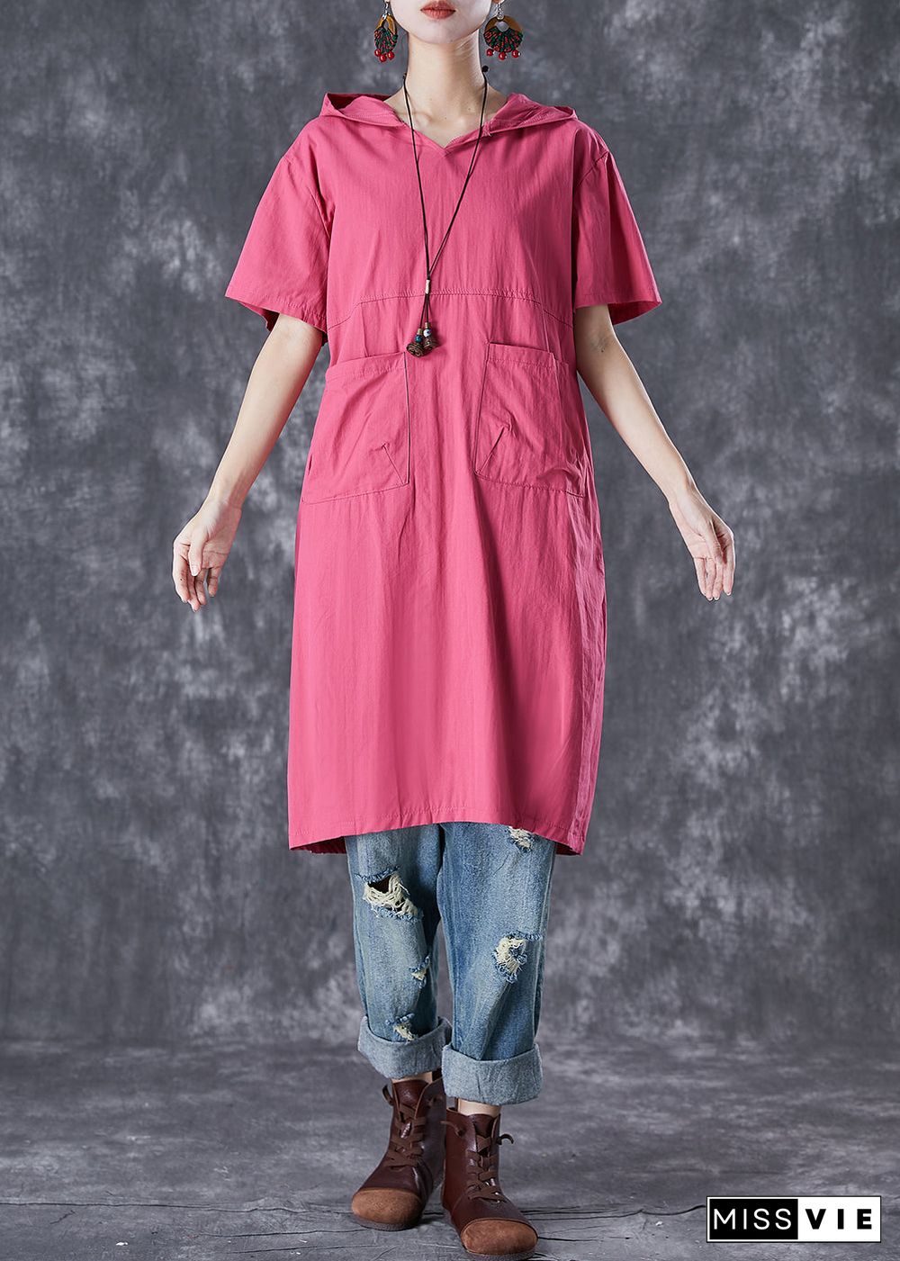 French Rose Hooded Pockets Cotton Sweatshirts Dress Summer