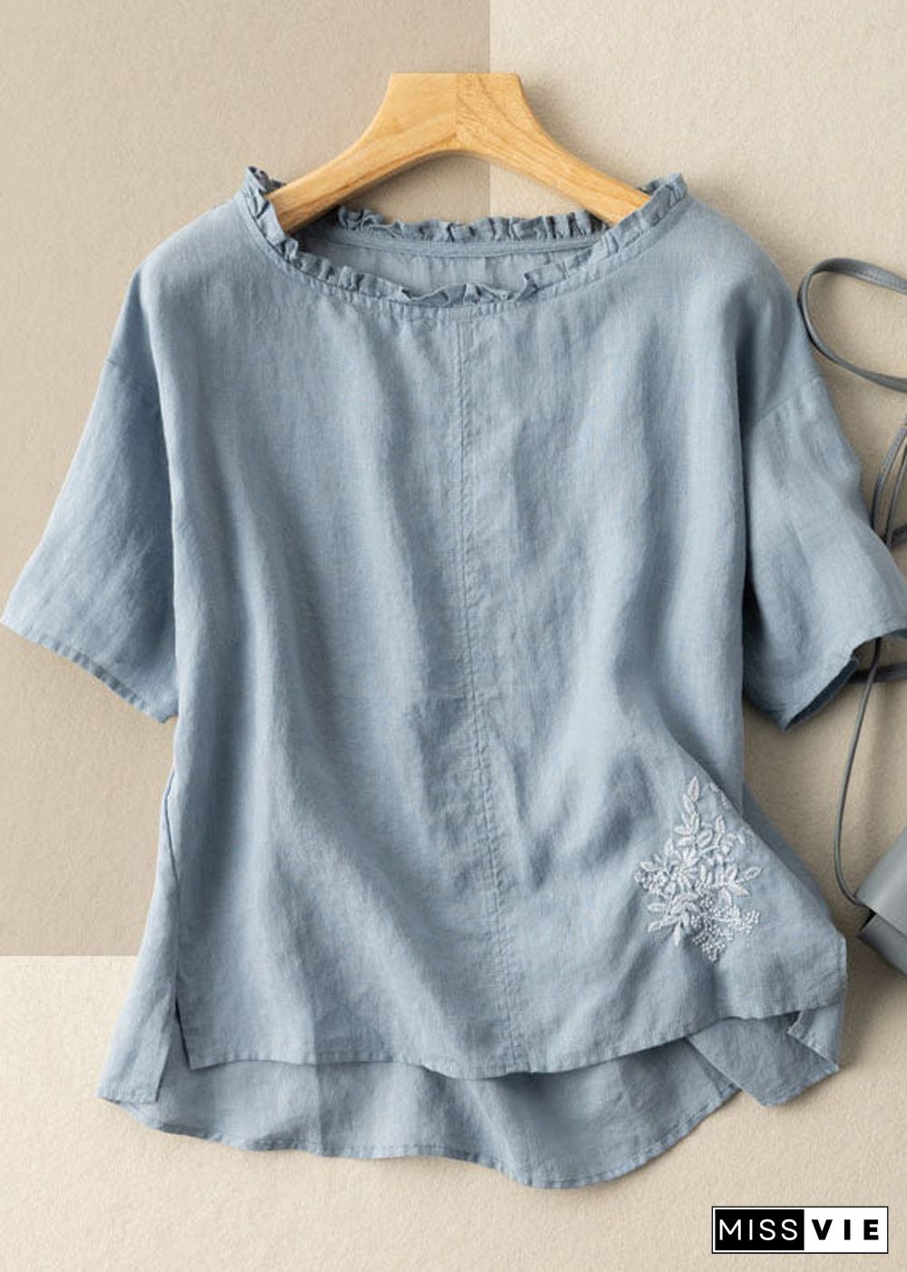 Classy Blue Ruffled Embroideried Patchwork Cotton T Shirts Tops Summer