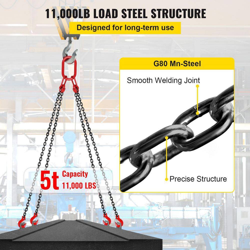 VEVOR 5 ft. Hoist Chain Sling 516 in. Engine Lift Chain G80 Alloy Steel 3-Ton with 4 Leg Grab Hooks and Adjuster 1.5MSGLT000000001V0