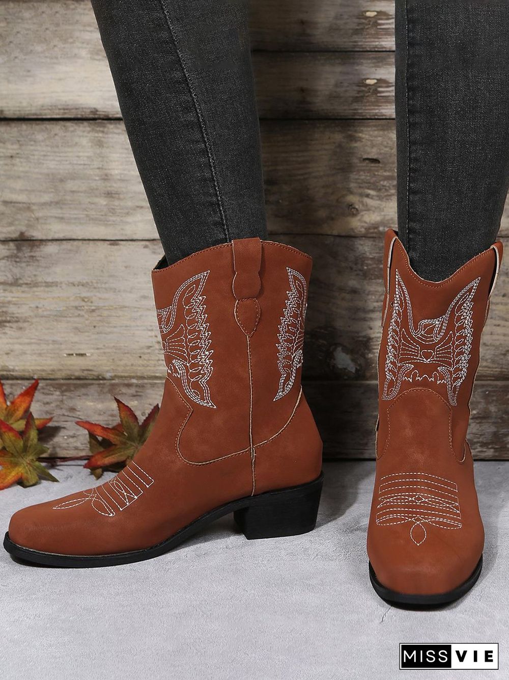 Embroidered Ethnic Chunky Heel Cowboy Boots