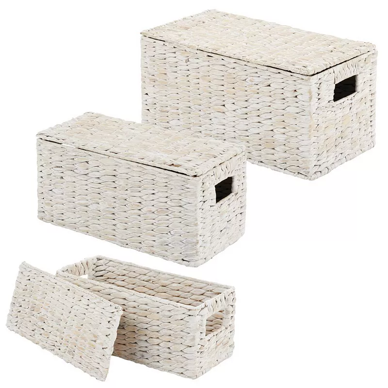 mDesign Woven Hyacinth Home Storage Basket with Lid - Set of 3