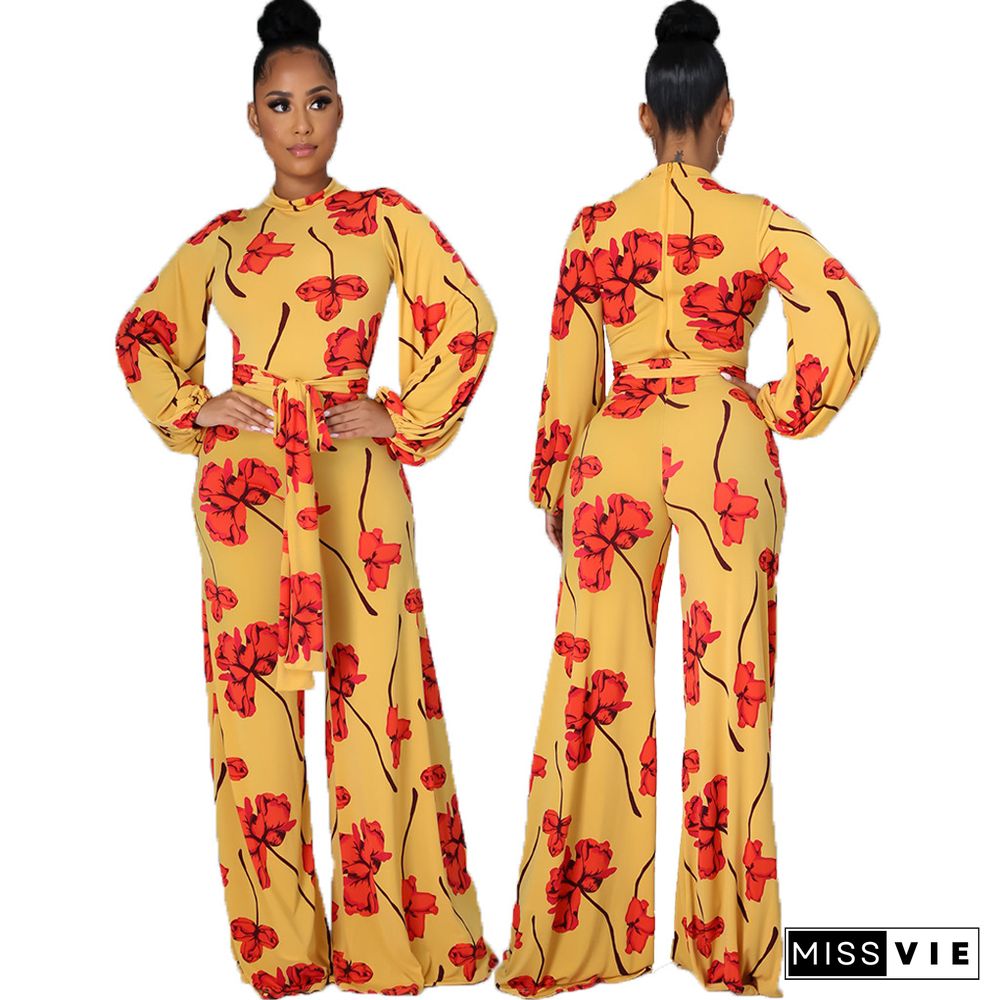 Fashion Digital Printing Spring Autumn O-Neck Long Sleeve Belted One Piece Wide Leg Jumpsuit