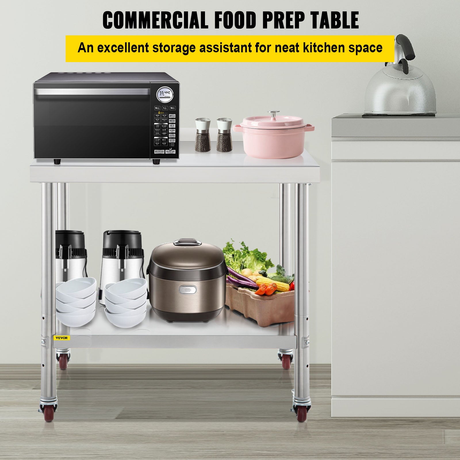 VEVORbrand Stainless Steel Prep Table， 24 x 15 x 35 inch， 440lbs Load Capacity Heavy Duty Metal Worktable with Backsplash Adjustable Undershelf and 4 Casters，  for Kitchen Restaurant